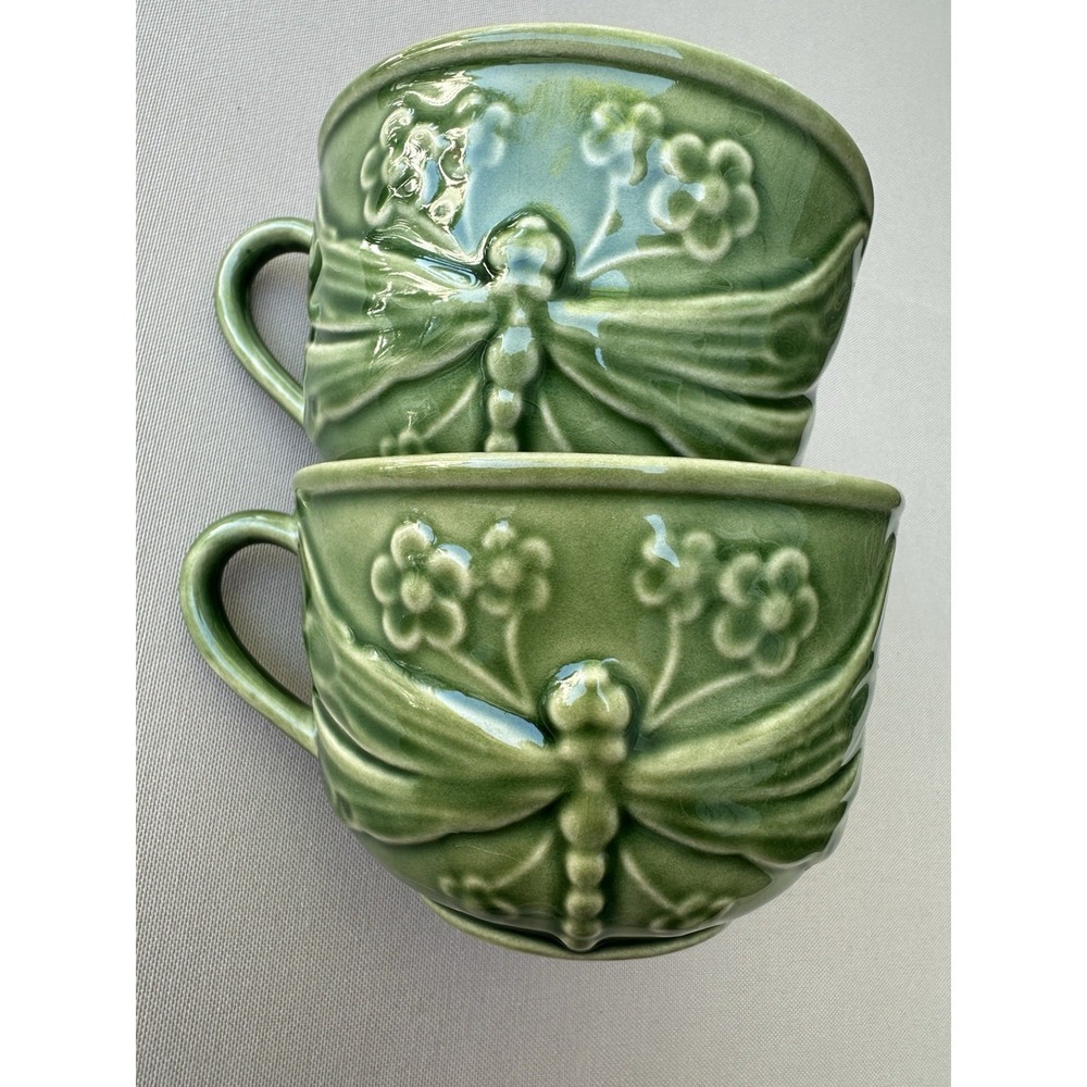 Bordallo Pinheiro Dragonfly‎ Green Cups Set 2 Portugal Majolica Vintage